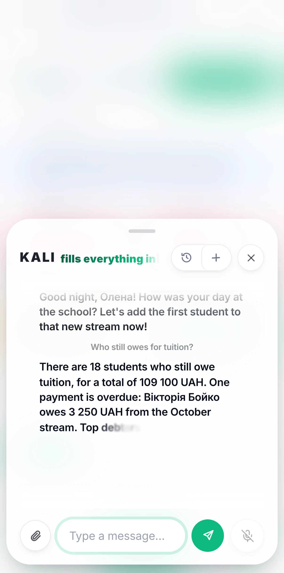 Kali answering “who still owes for tuition?” on an iPhone